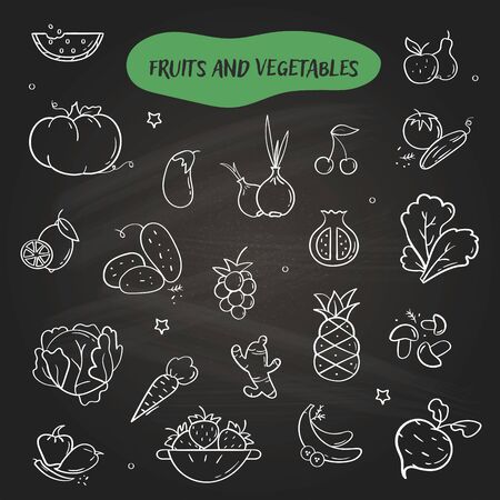 Hand drawn line style icons of Fruits and Vegetables. Doodle icons set on black backgroundのイラスト素材