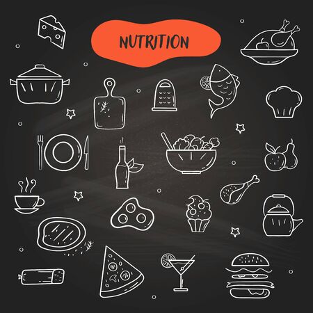 Hand drawn line style icons of Nutrition. Doodle icons set on black backgroundのイラスト素材