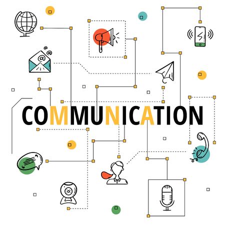Modern infographics icons of communication. Line banner for communication, network, dialog and mail. Hand drawn vector illustration conceptのイラスト素材