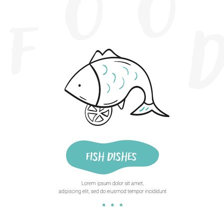 Line style icon of a fish dishes. Hand drawn modern nutrition concept. Food bunner templateのイラスト素材