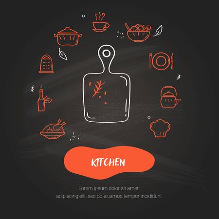 Line style icons set of kitchen. Hand drawn modern nutrition concept. Food banner templateのイラスト素材
