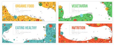 Banners collection with icons of organic food. Hand drawn modern nutrition concept. Food banner templateのイラスト素材