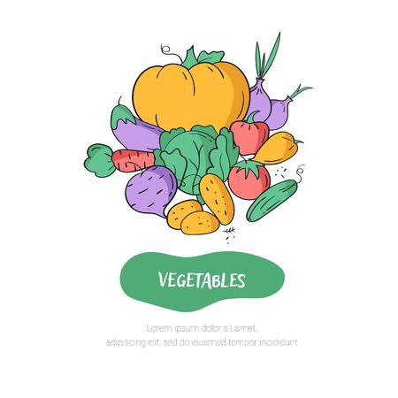 Line style banner with icons of vegetables. Hand drawn modern nutrition concept. Food banner templateのイラスト素材