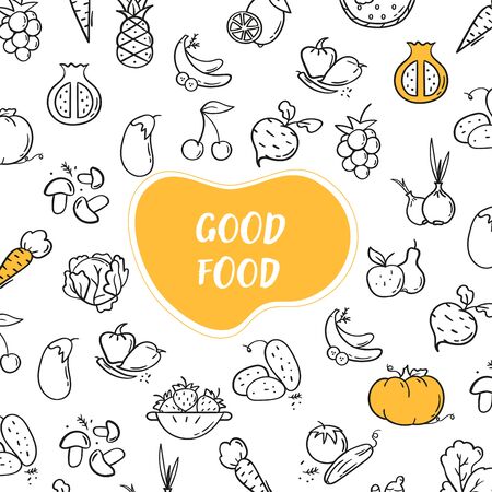 Line style banner of good food. Hand drawn modern illustration concept. Food banner templateのイラスト素材