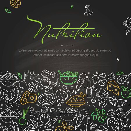 Line style banner of nutrition on blackboard. Hand drawn modern nutrition concept. Food banner templateのイラスト素材