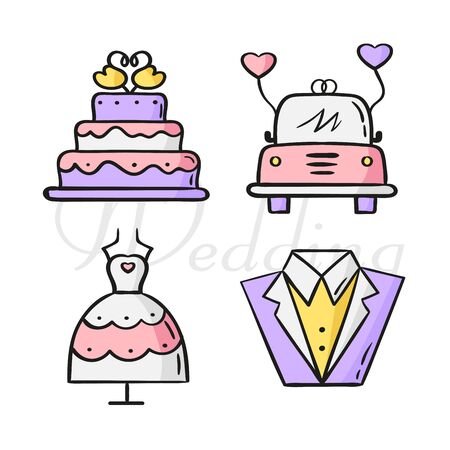 Line style wedding icons set. Hand drawn modern wedding conceptのイラスト素材