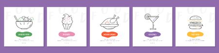Set of line style food illustrations - part 2. Hand drawn modern nutrition concept. Food banner templateのイラスト素材