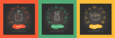 Set of line style icons with kitchen, fruit and vegetables and nutrition. Hand drawn modern nutrition concept. Food banner templateのイラスト素材