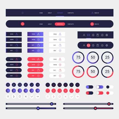 Modern web elements navigation on blue background. Web elements with navigation, buttons, icons for use on the site. Daily ui. Web interface templateのイラスト素材