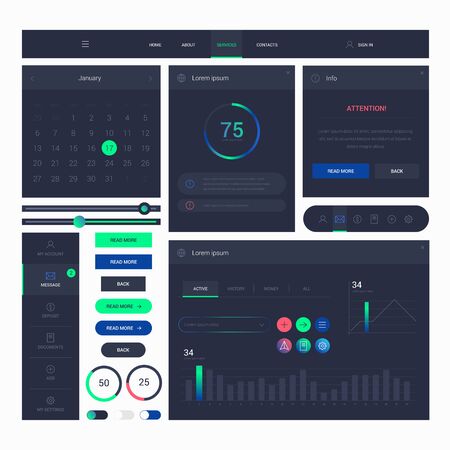 Modern web design elements frame template on dark background. Web elements with navigation, buttons, icons for use on the site. Daily ui. Web interface templateのイラスト素材