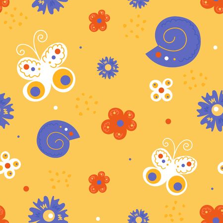 Summer color pattern with butterflies, snails and flowers. Doodle seamless background. The cute and kids pattern is ideal for textiles, identity, wallpaper, packaging and more のイラスト素材