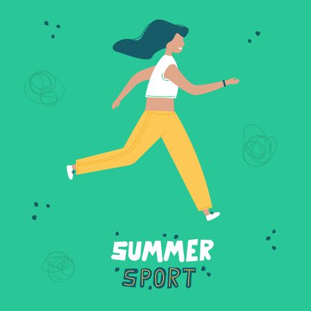 Girl is engaged in running. Summer sport illustrations collection. Girl power. Active lifestyle conceptのイラスト素材
