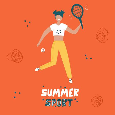 Girl playing tennis. Summer sport illustrations collection. Girl power. Active lifestyle conceptのイラスト素材