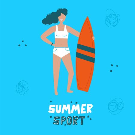 Girl with a surf. Summer sport illustrations collection. Girl power. Active lifestyle conceptのイラスト素材