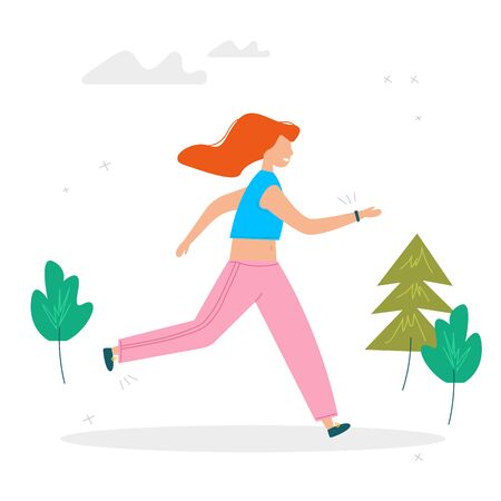 Girl is engaged in running. Summer sport illustrations collection. Girl power. Active lifestyle conceptのイラスト素材