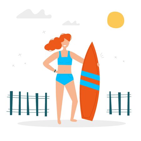Girl on the beach with a surf. Summer sport illustrations collection. Girl power. Active lifestyle conceptのイラスト素材