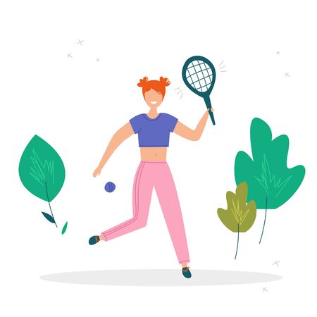 Girl playing tennis. Summer sport illustrations collection. Girl power. Active lifestyle conceptのイラスト素材