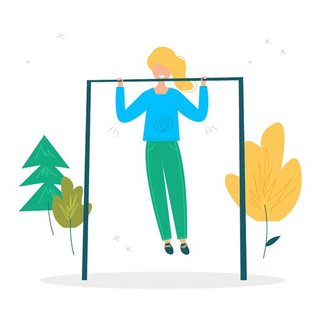 Girl pulls herself up on the horisontal bar. Summer sport illustrations collection. Girl power. Active lifestyle conceptのイラスト素材
