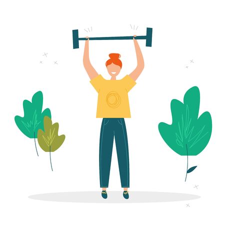 Girl raises the barbell. Summer sport illustrations collection. Girl power. Active lifestyle conceptのイラスト素材