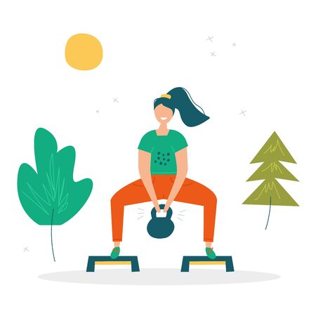 Girl squats with a weight standing on step platforms. Summer sport illustrations collection. Girl power. Active lifestyle conceptのイラスト素材