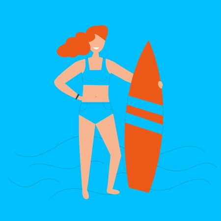 Girl with a surf on the sea. Summer sport illustrations collection. Active lifestyle conceptのイラスト素材