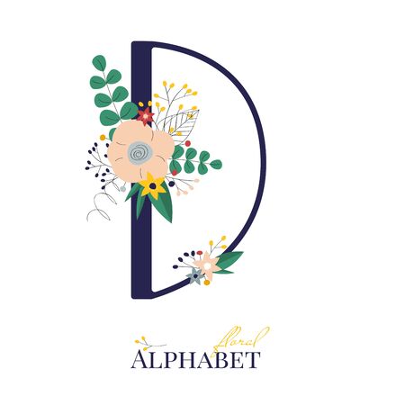 Spring and summer alphabet decorated with bouquets of flowers. Floral letter D. Hand drawn isolated vector illustrationのイラスト素材