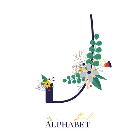 Spring and summer alphabet decorated with bouquets of flowers. Floral letter J. Hand drawn isolated vector illustrationのイラスト素材