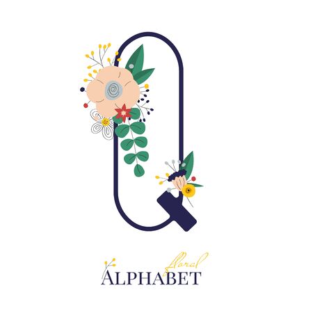 Spring and summer alphabet decorated with bouquets of flowers. Floral letter Q. Hand drawn isolated vector illustrationのイラスト素材