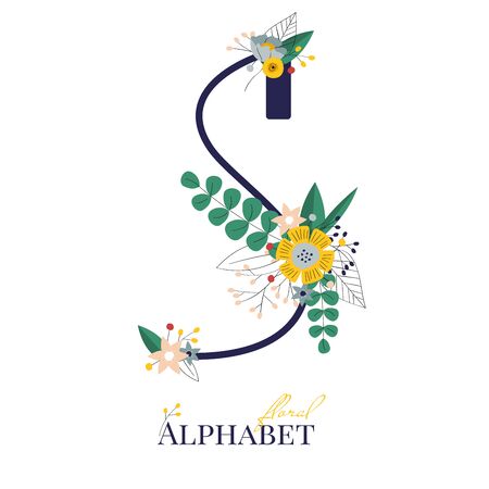 Spring and summer alphabet decorated with bouquets of flowers. Floral letter S. Hand drawn isolated vector illustrationのイラスト素材