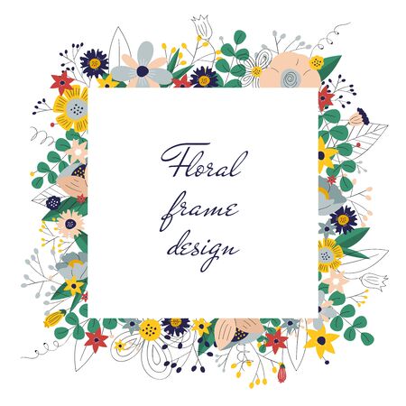 Floral frame template. Hand drawn elegant frame with wild flowers. Spring ans summer design for posters, invitations, bunners, greetings, prints and moreのイラスト素材