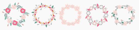 Set of beautiful pink floral wreaths with leaf and flowers. Round cute frame with your text. Design element for invitations, greeting cards, bunners and moreのイラスト素材