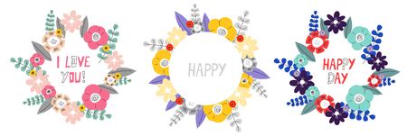 Set of spring wreaths with inckription. Round cute frame with your text. Design element for invitations, greeting cards, bunners and moreのイラスト素材