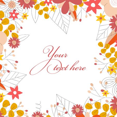 Orange floral frame template. Hand drawn elegant frame with wild flowers. Design for posters, invitations, bunners, greetings, prints and moreのイラスト素材