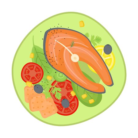 Supper with fish and fresh salad on the plate. Isolated cartoon dishes. Doodle color illustration of food for the dayのイラスト素材