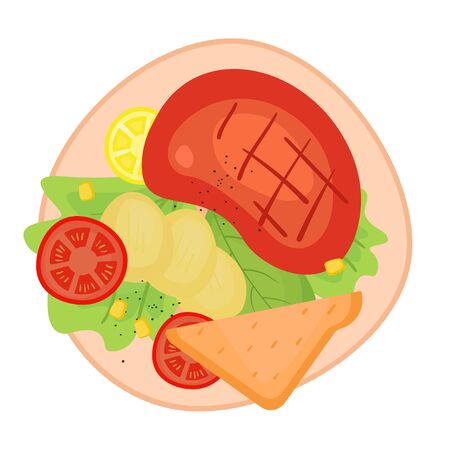 Dinner with steak and potato on the plate. Isolated cartoon dishes. Doodle color illustration of food for the dayのイラスト素材