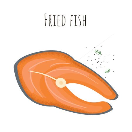 Fried red fish. Isolated cartoon dishes. Doodle color set of ingredients and products for cookingのイラスト素材