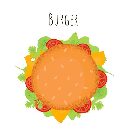 Juicy burger. Isolated cartoon dishes. Doodle color set of ingredients and products for cookingのイラスト素材
