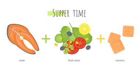 Supper time which consists of fish, salad and crackers. Isolated cartoon dishes. Doodle color set of ingredients and products for cookingのイラスト素材