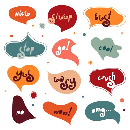 Colorful simple speech bubbles set. Autumn style. Creative doodle speech bubbles. Dialog windows with phrases: best, wow, yes, no, cool, go, stop, easy, crush, nice, omg, sleepのイラスト素材
