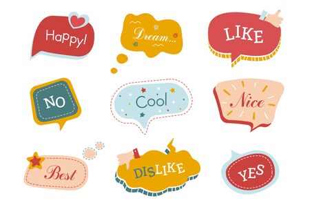 Beautiful creative volume flat speech bubble set. Colorful doodle speech bubbles. Dialog windows with phrases: happy, like, yes, no, dislike, cool, nice, best, dreamのイラスト素材