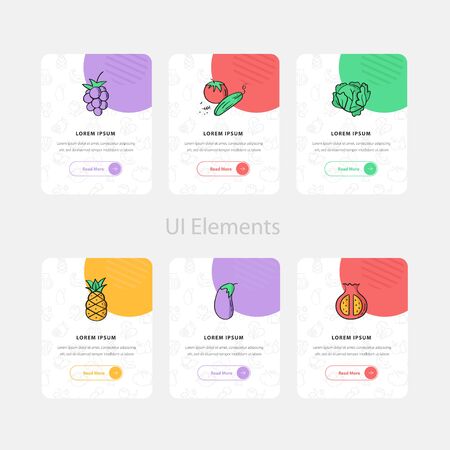 Creative fruit and vegetables web cards with text and icon. Website and application cards design templates collection. Ui elementsのイラスト素材