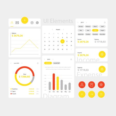 Yellow web and app ui elements template Minimal web interface with navigation, buttons, icons for use on the site. Daily uiのイラスト素材