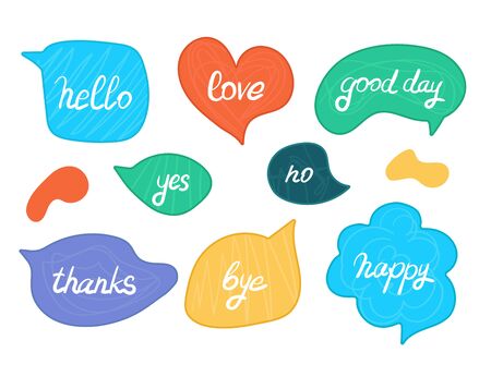Colorful creative speech bubbles. Slogan stylized typography. Dialog windows with phrases: hello, thanks, love, yes, no, good day, happy, bye and moreのイラスト素材