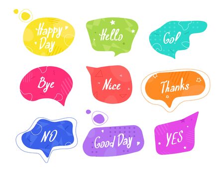 Colorful speech bubbles set. Slogan stylized typography. Dialog windows with phrases: hello, thanks, love, yes, no, good day, happy, bye and moreのイラスト素材