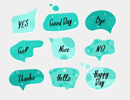 Blue speech bubbles with white shadow. Slogan stylized typography. Dialog windows with phrases: hello, thanks, love, yes, no, good day, happy, bye and moreのイラスト素材