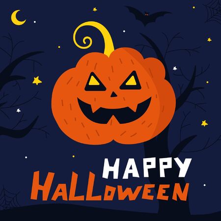 Night happy halloween poster with pumpkin. Hand drawn vector illustrationsのイラスト素材