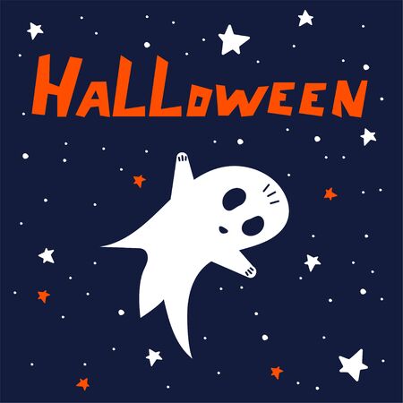 Halloween cartoon card with ghost. Hand drawn vector illustrationsのイラスト素材