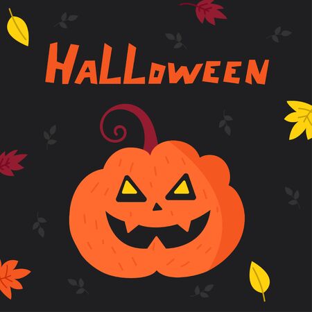 Halloween cartoon card with pumpkin. Hand drawn vector illustrationsのイラスト素材