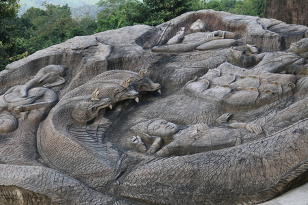Carving in buddhist temple cave phadan, sakonnakhon,Thailandの写真素材