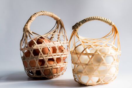 egg in basket wicker on white background,Duck eggs in baskets .の写真素材